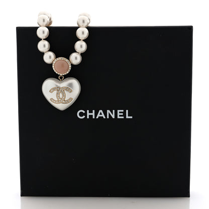 Chanel Pearl Crystal CC Heart Short Necklace Gold Pearly White Pink 5 of 5