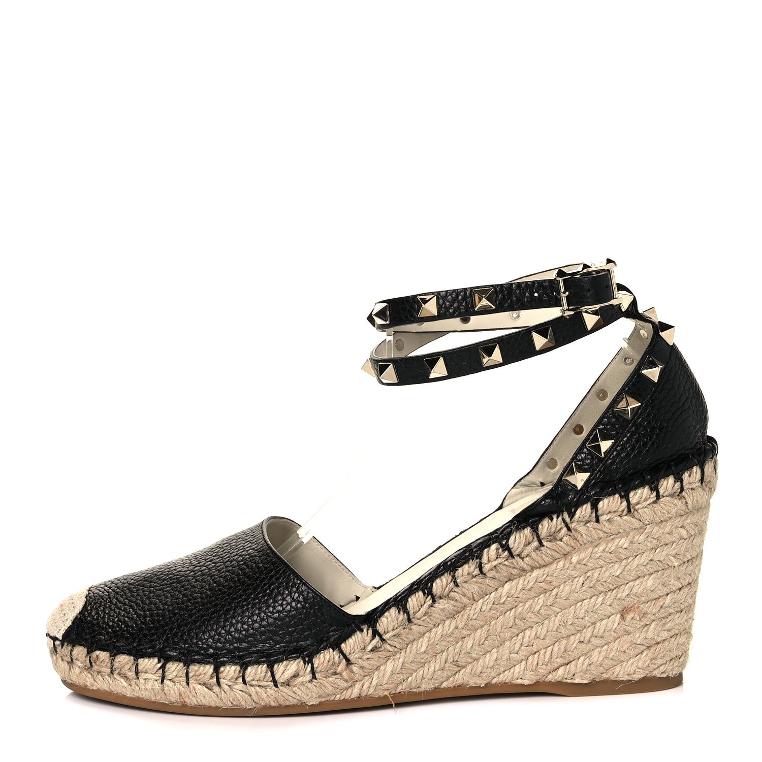 Valentino Garavani Grained Calfskin Rockstud Ankle Wrap Espadrille 15/85mm Wedges 41 Black Light Ivory 1 of 11