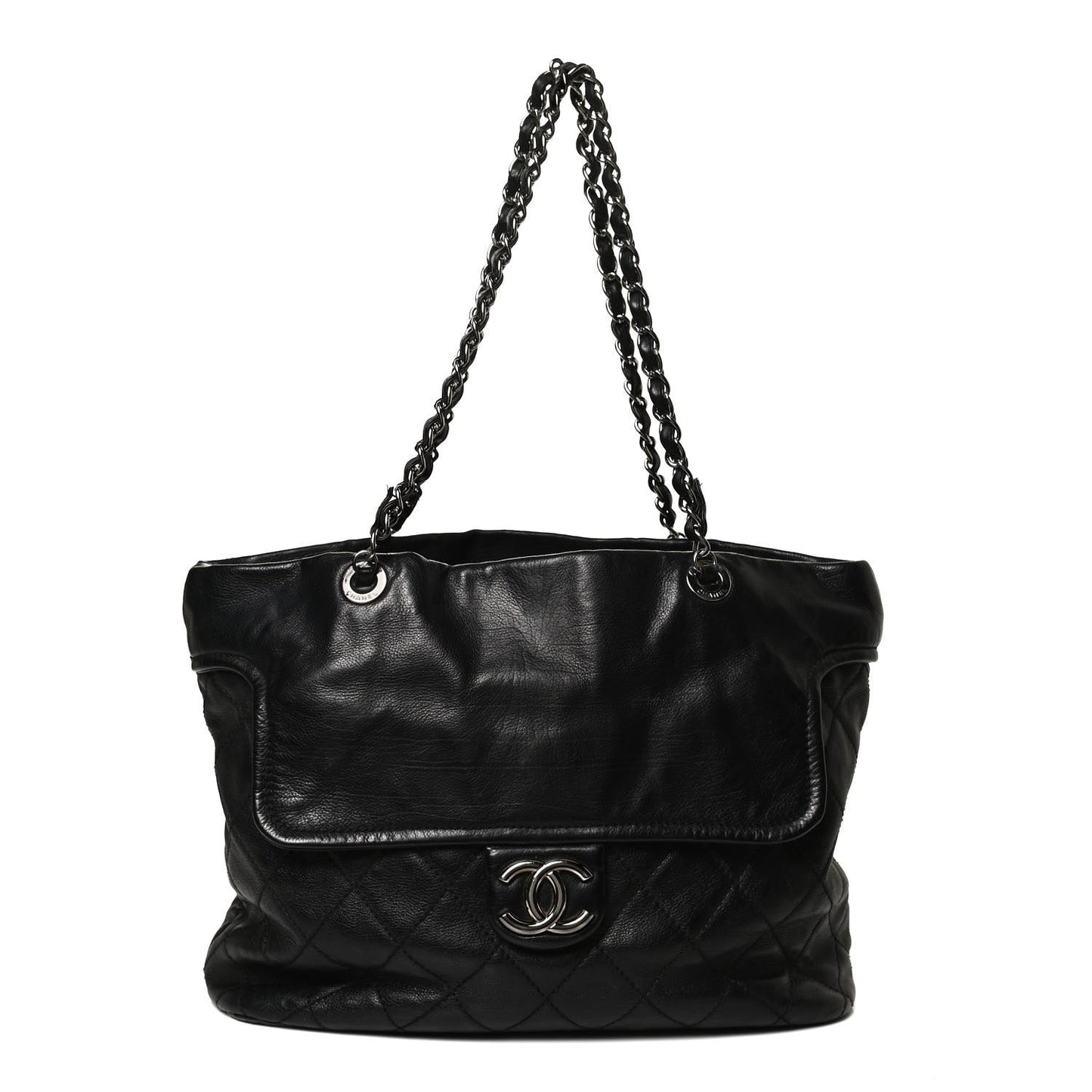 Calfskin Large Front Flap Tote Black
