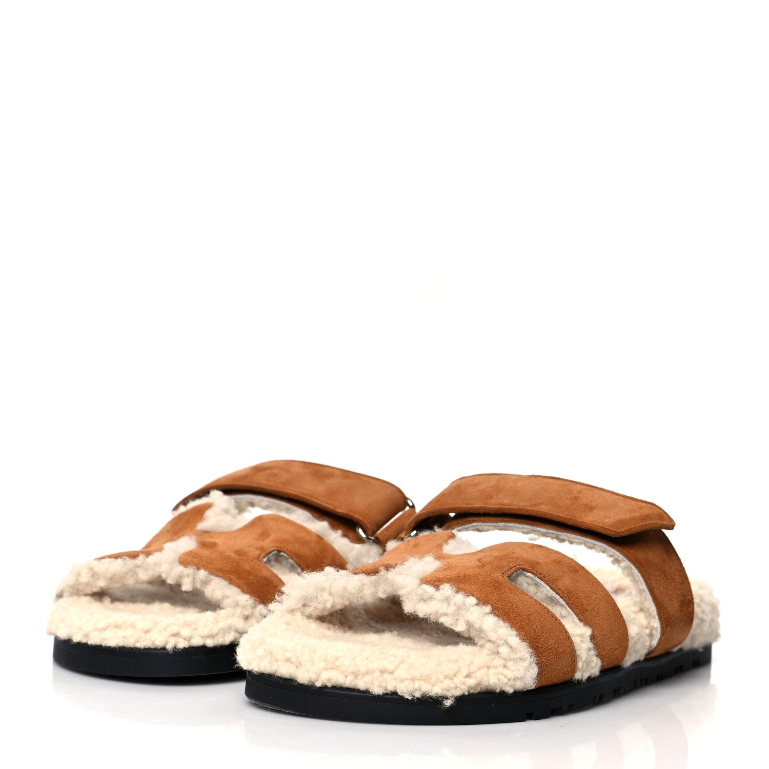 Hermes Suede Goatskin Woolskin Womens Chypre Sandals 36 Brun Fume Ecru 3 of 8