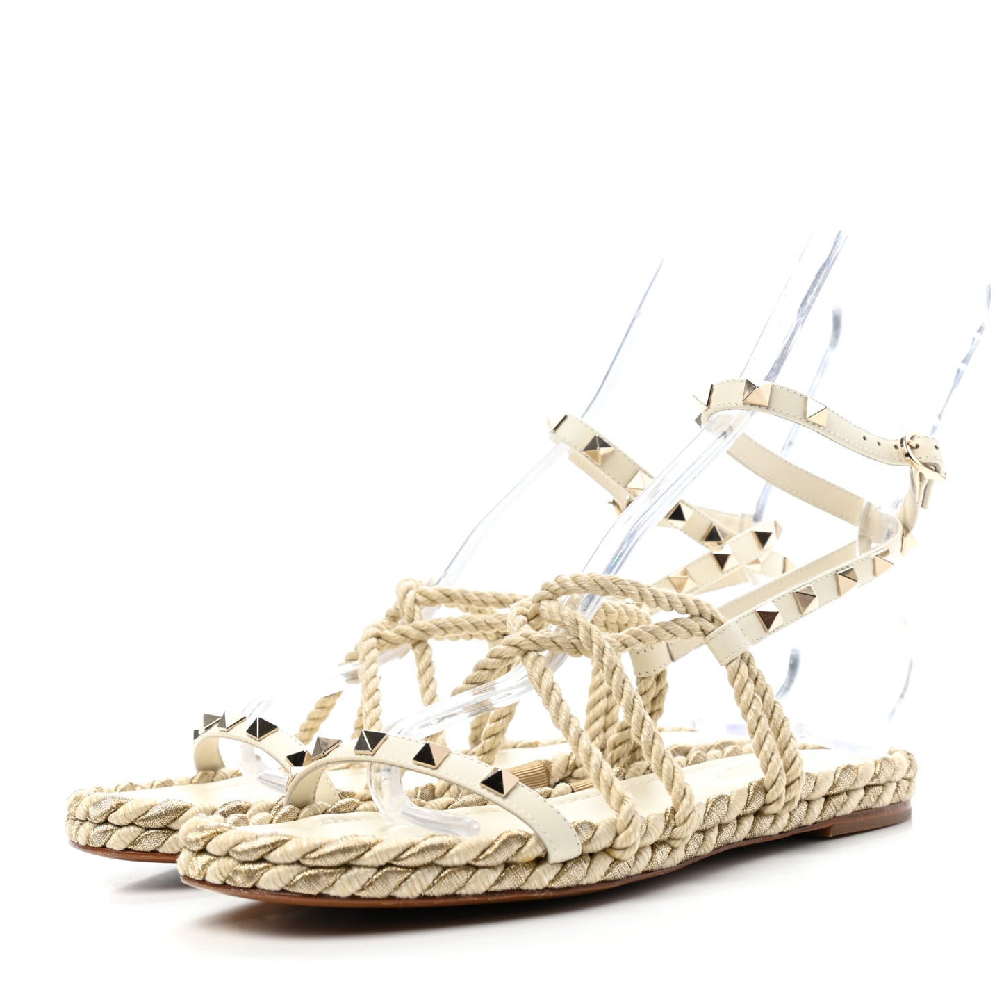 Calfskin Rockstud Torchon Rope Espadrille Flat Sandals 38 Light Ivory