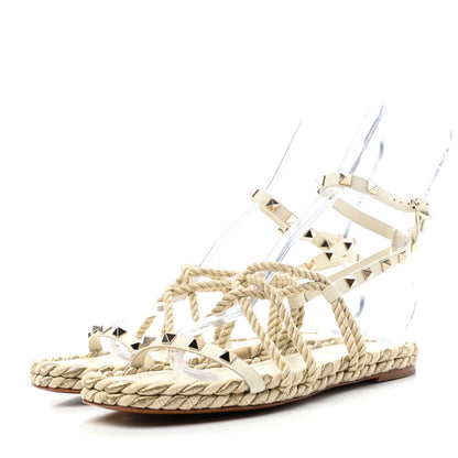 Valentino Garavani Calfskin Rockstud Torchon Rope Espadrille Flat Sandals 38 Light Ivory 3 of 4