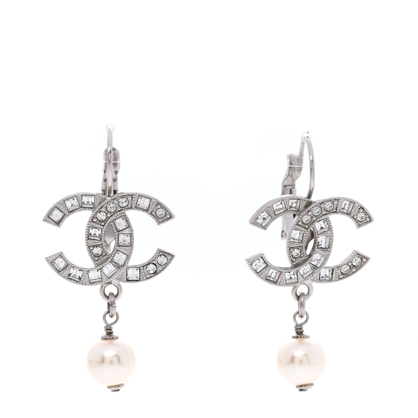 Baguette Crystal Pearl CC Drop Earrings Silver