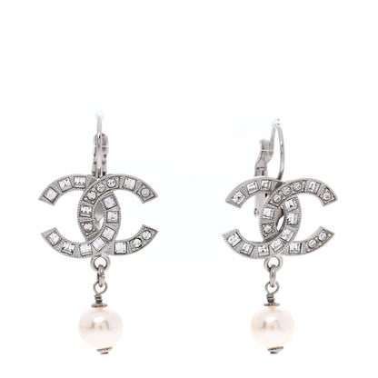 Chanel Baguette Crystal Pearl CC Drop Earrings Silver 1 of 5
