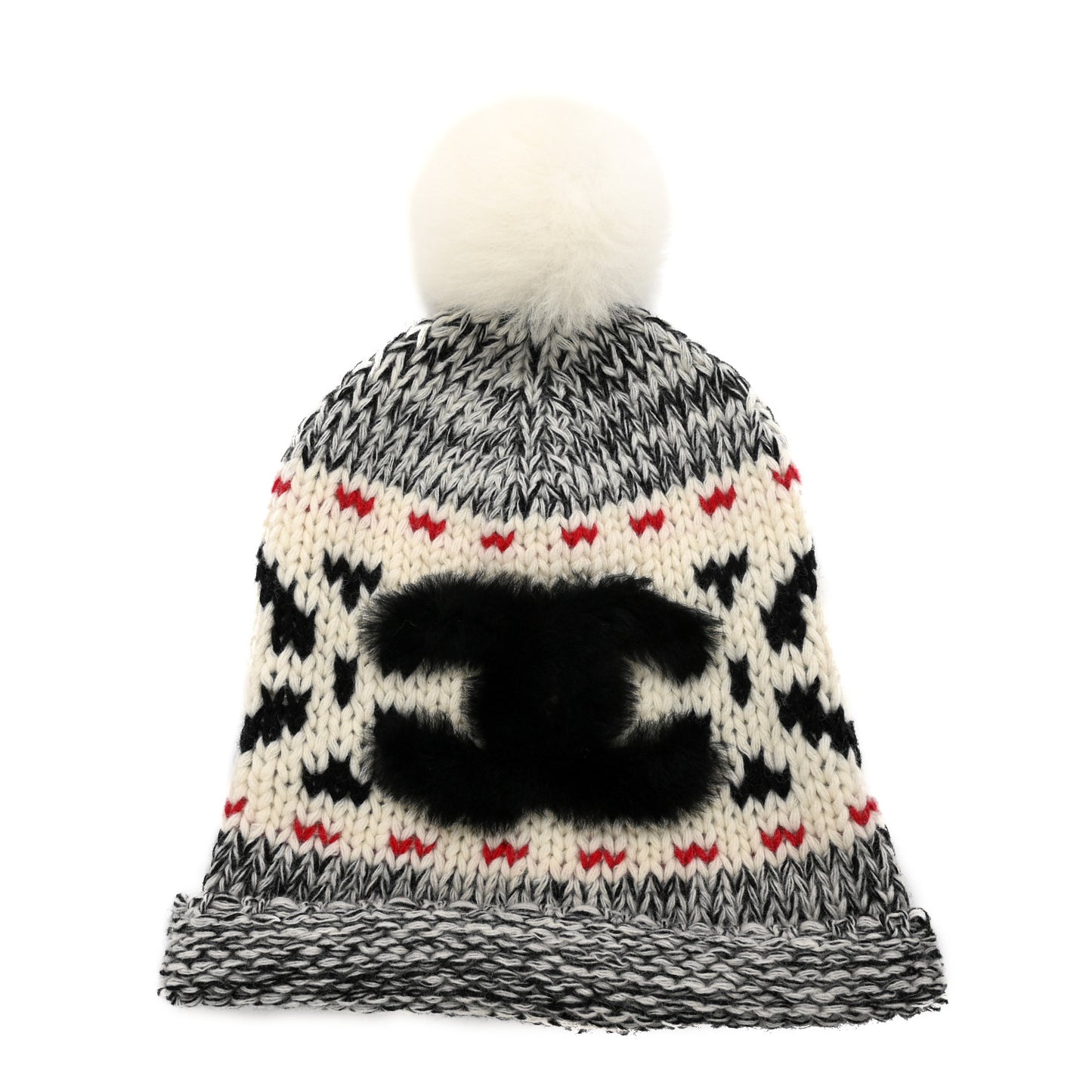 Wool Shearling CC Beanie Hat Grey Black Red
