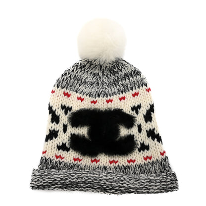 Chanel Wool Shearling CC Beanie Hat Grey Black Red 1 of 7