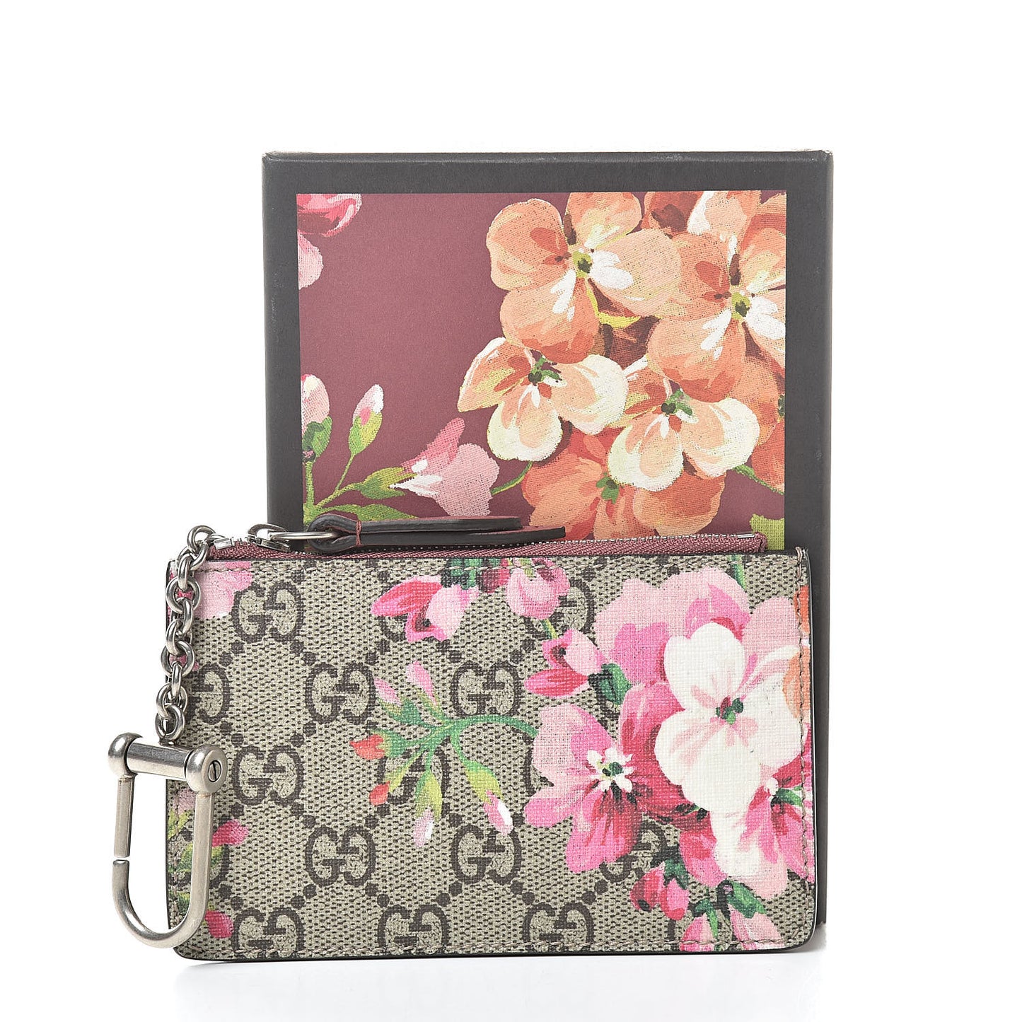 GG Supreme Monogram Blooms Key Ring Coin Case Beige Multicolor Dry Rose
