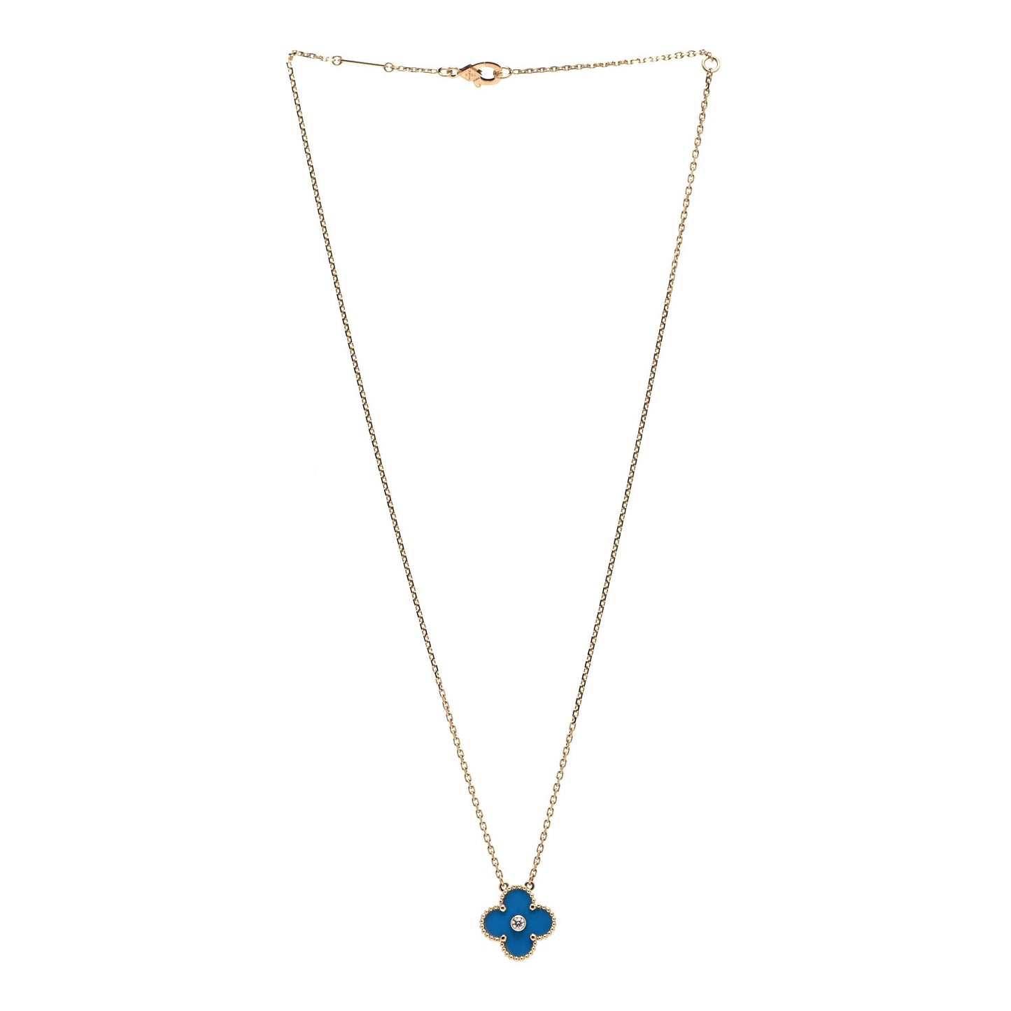 18K Yellow Gold Diamond Celestial Blue Sevres Porcelain Vintage Alhambra Pendant Necklace