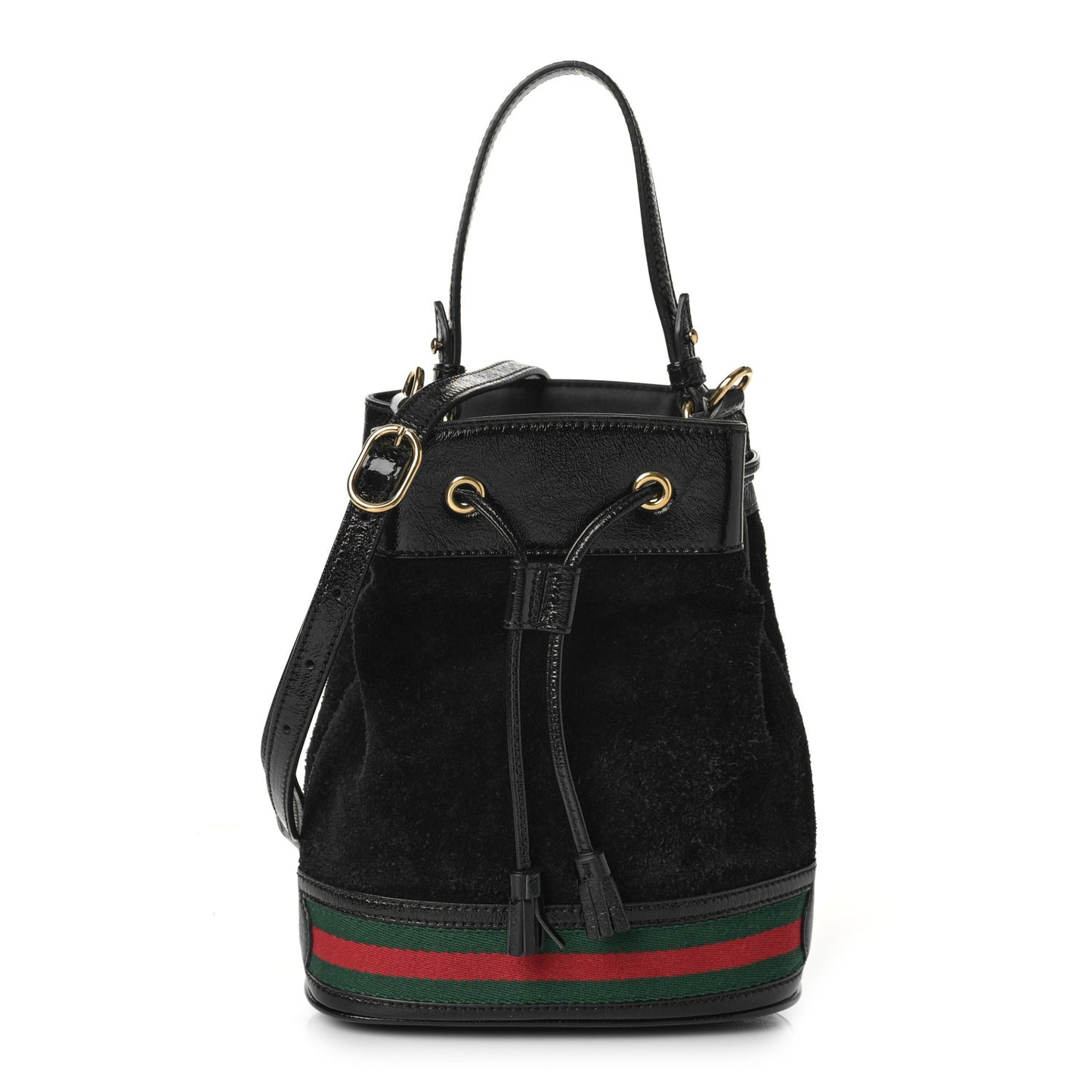 Suede Patent Web Small Ophidia Bucket Bag Black