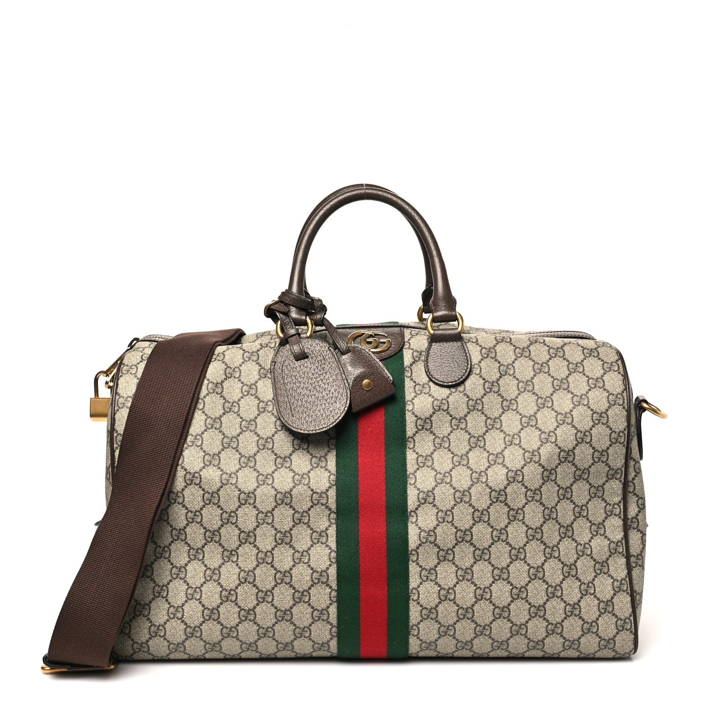 GG Supreme Monogram Textured Dollar Calfskin Web Medium Ophidia Carry-On Duffle Bag Beige Ebony New Acero