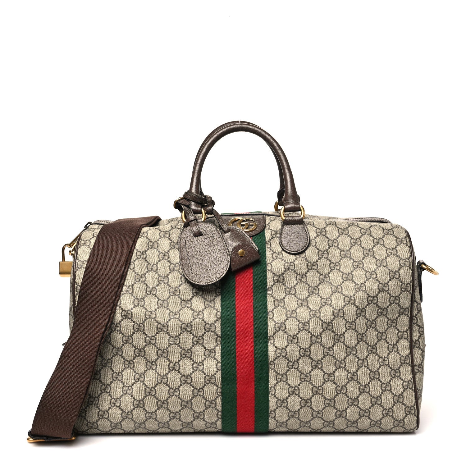 Gucci GG Supreme Monogram Textured Dollar Calfskin Web Medium Ophidia Carry-On Duffle Bag Beige Ebony New Acero 1 of 9
