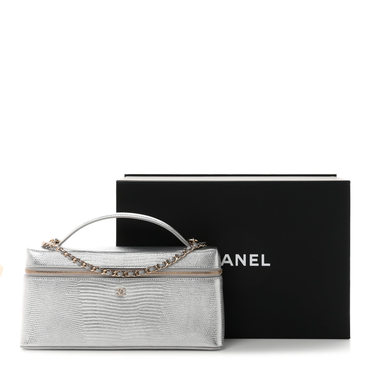 Lizard Embossed Top Handle Slim Vanity With Chain Silver