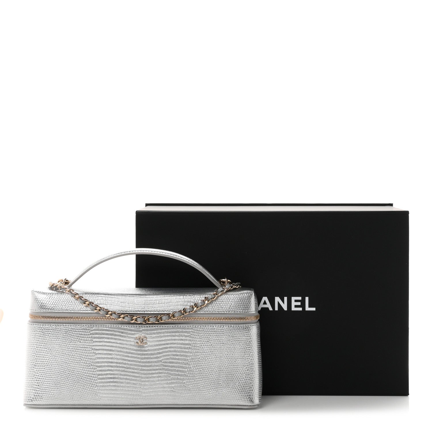 Chanel Lizard Embossed Top Handle Slim Vanity With Chain Silver 11 of 11