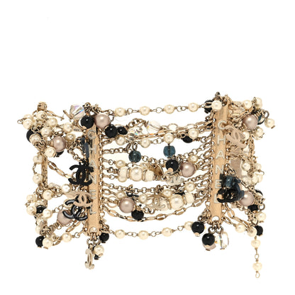 Chanel Pearl Bead Crystal CC Multi Strand Chain Bracelet Black White Gold 1 of 5