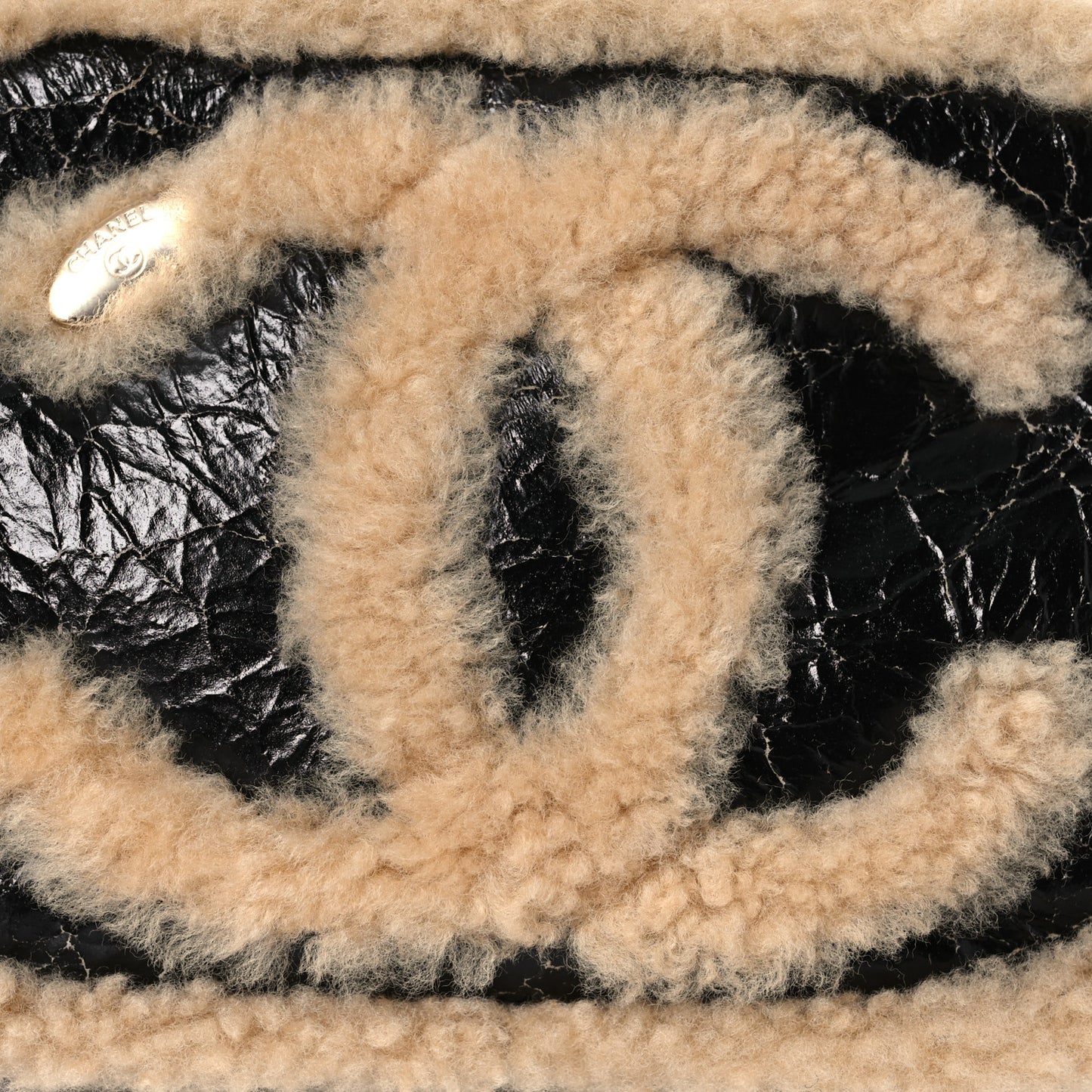 Shiny Crumpled Sheepskin Shearling Waist Bag Black Beige