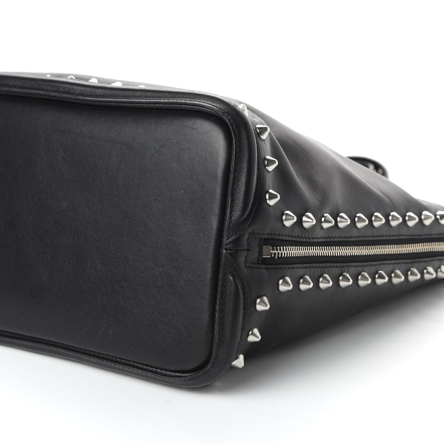 Pebbled Calfskin Skull Studded Padlock Tote Black