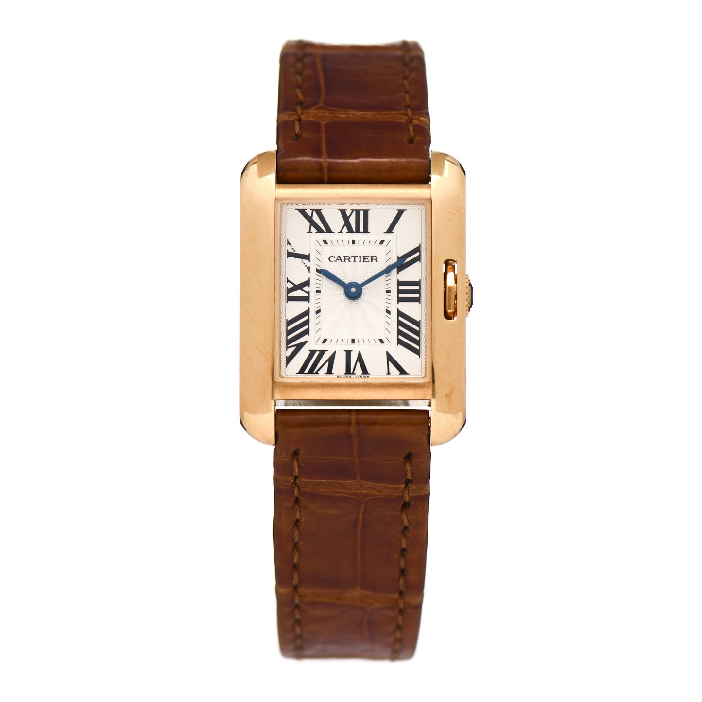 18K Yellow Gold Alligator 22mm Tank Anglaise Quartz Watch Brown