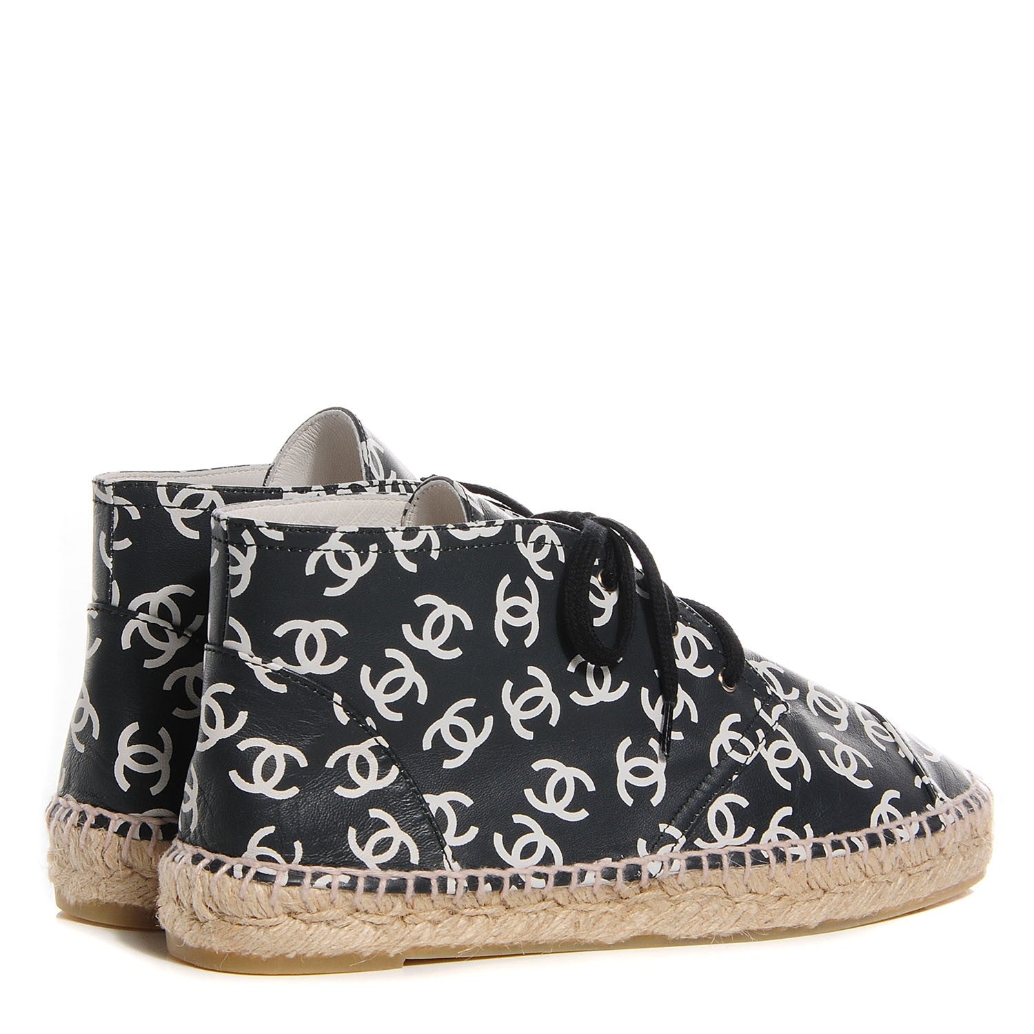 Chanel Lambskin Printed CC Lace Up Espadrilles 39 Black White 4 of 7