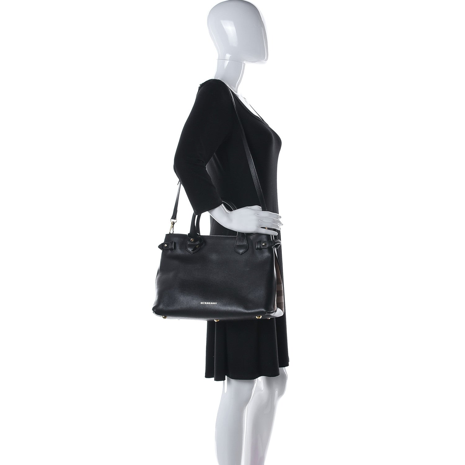 Burberry Grainy Calfskin Vintage Check Medium Banner Tote Black 2 of 8