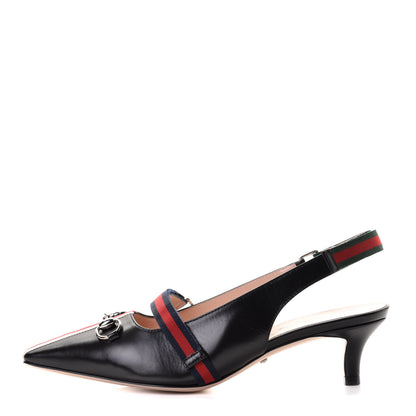 Gucci Malaga Kid Web Horsebit Low Heel Slingback Pumps 36.5 Black 1 of 8