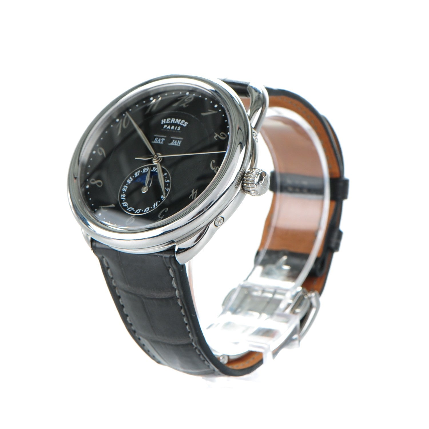 Hermes Stainless Steel Alligator 43mm Arceau Grande Lune Automatic Watch Graphite 3 of 11