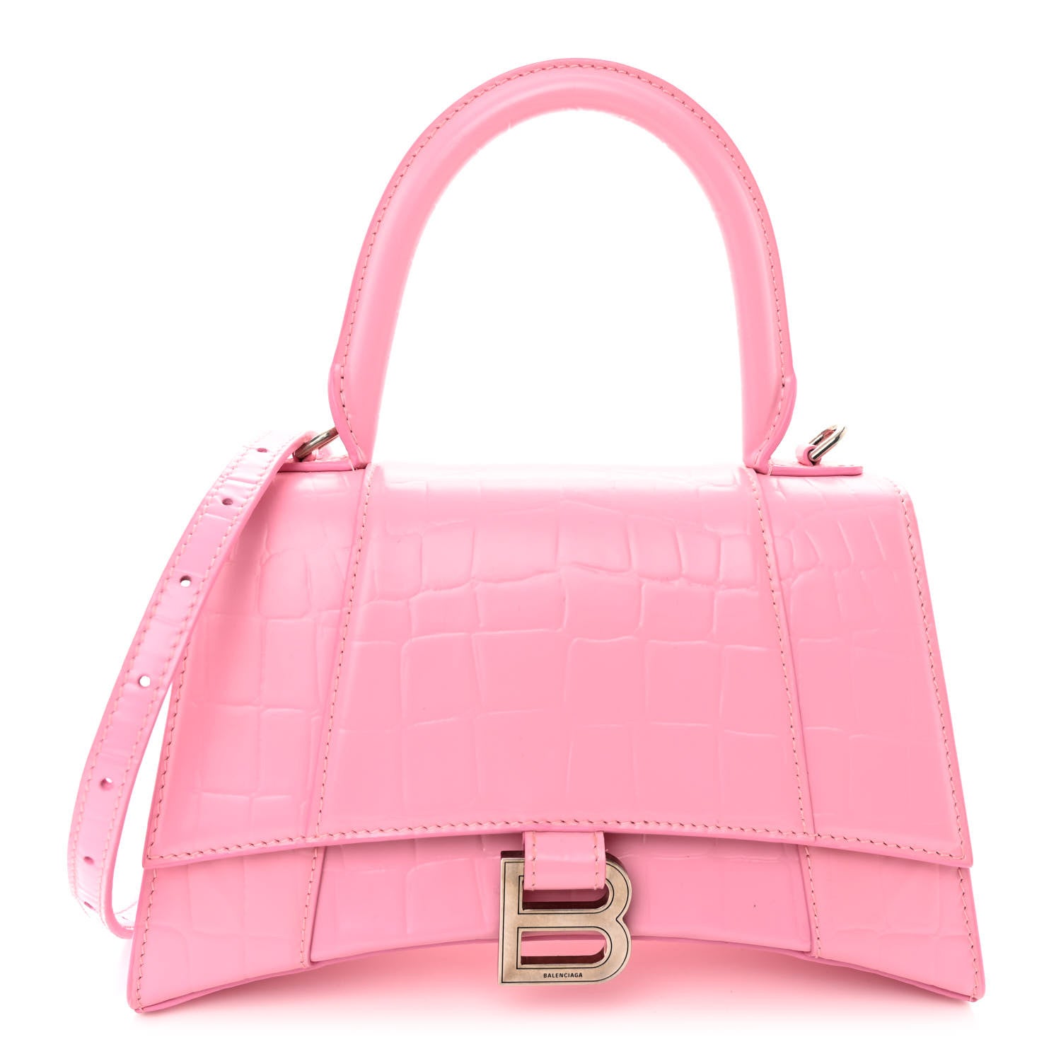 Balenciaga Semi Shiny Calfskin Crocodile Embossed Small Hourglass Top Handle Bag Pink 1 of 10