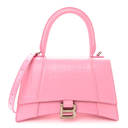 Balenciaga Semi Shiny Calfskin Crocodile Embossed Small Hourglass Top Handle Bag Pink 1 of 10
