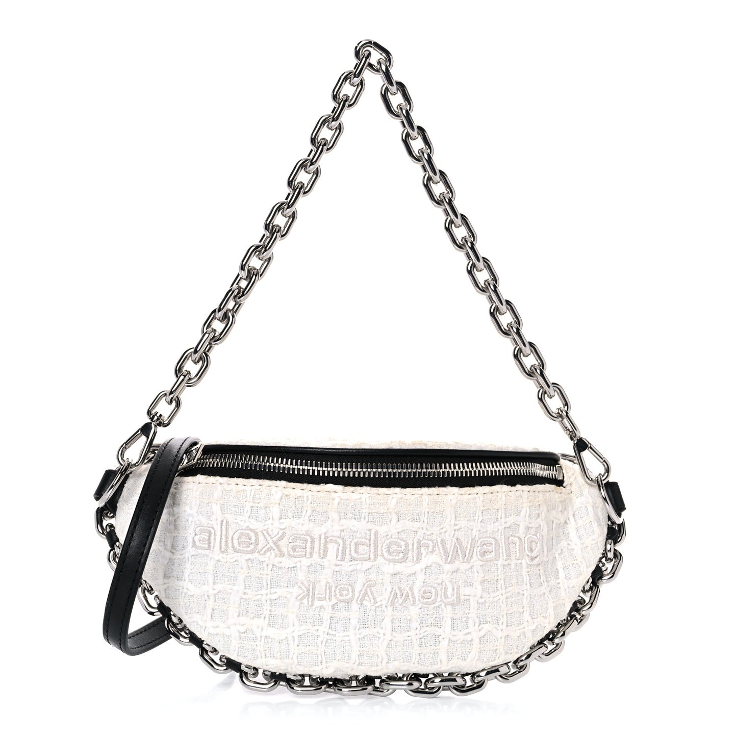 Patent Tweed Chain Embellished Attica Belt Bag White