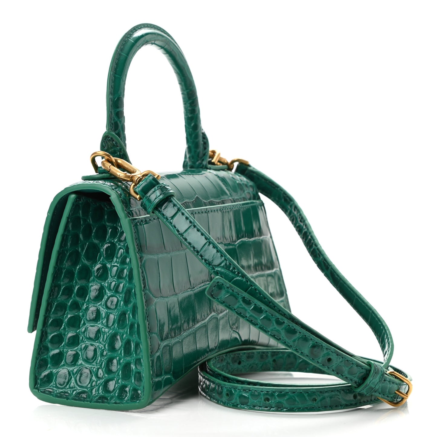 Shiny Calfskin Crocodile Embossed Hourglass Top Handle Bag XS Jade