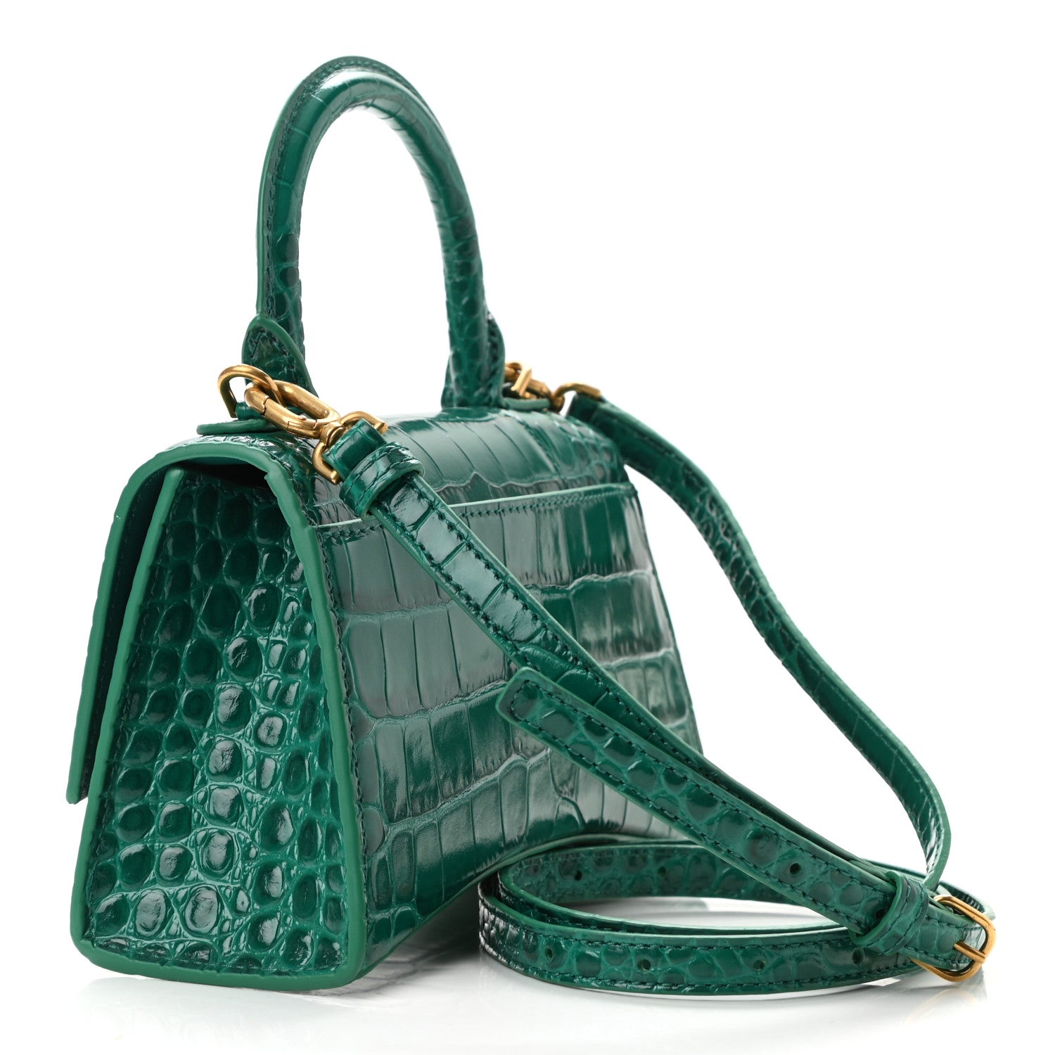 Balenciaga Shiny Calfskin Crocodile Embossed Hourglass Top Handle Bag XS Jade 2 of 9