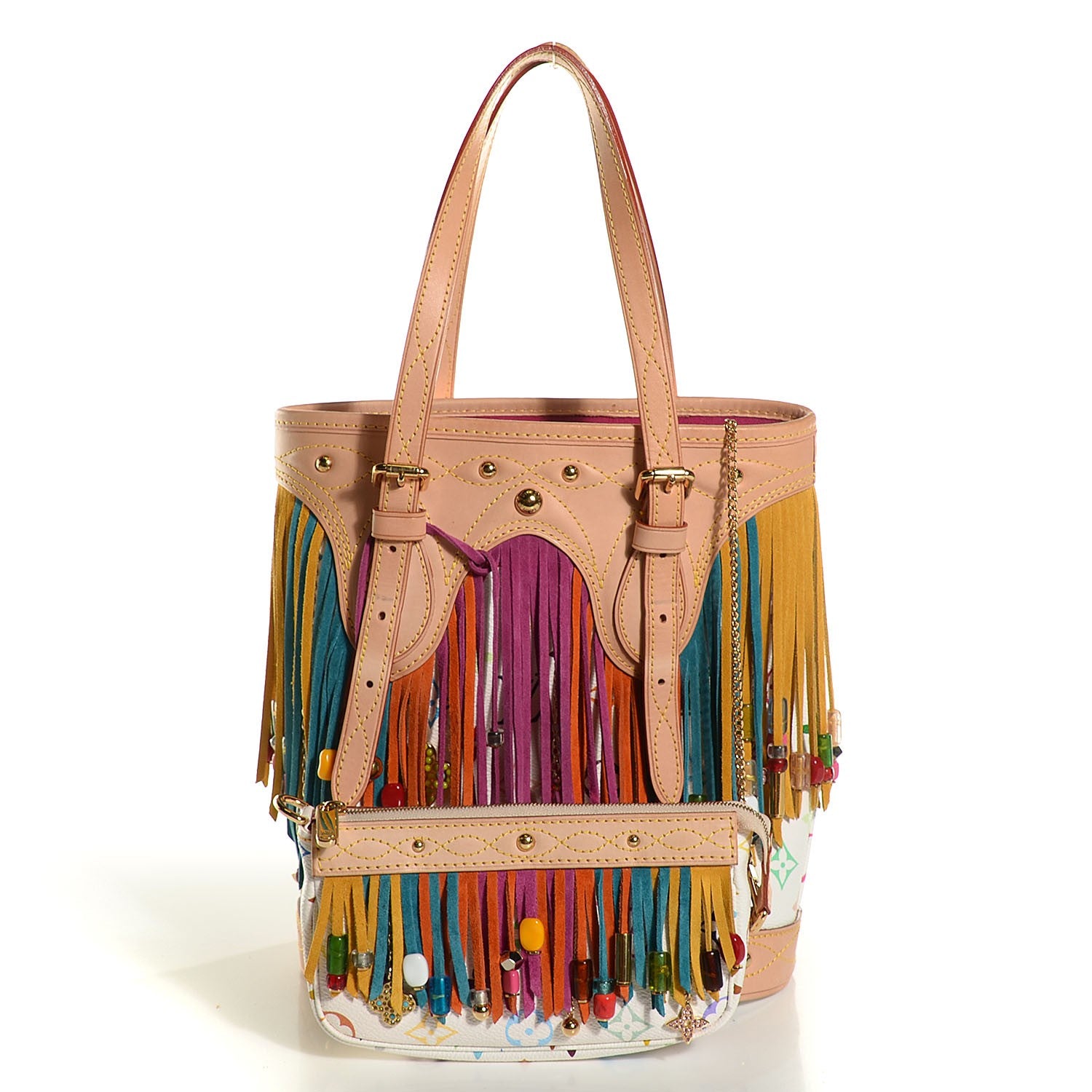 Louis Vuitton Monogram Multicolor Fringe Bucket with Accessories Pouch White 6 of 8