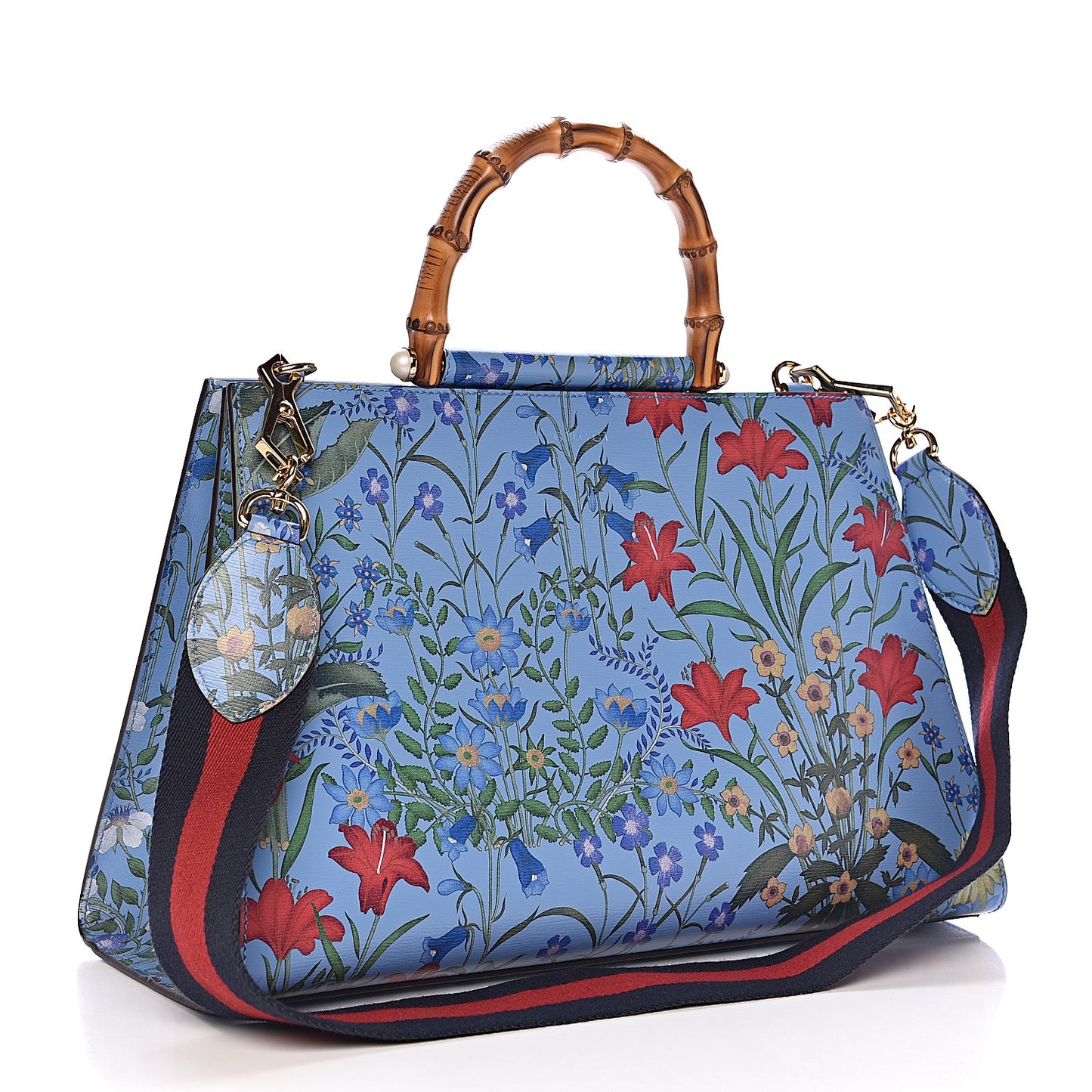 Calfskin Bamboo Web New Flora Medium Nymphaea Top Handle Bag Azure