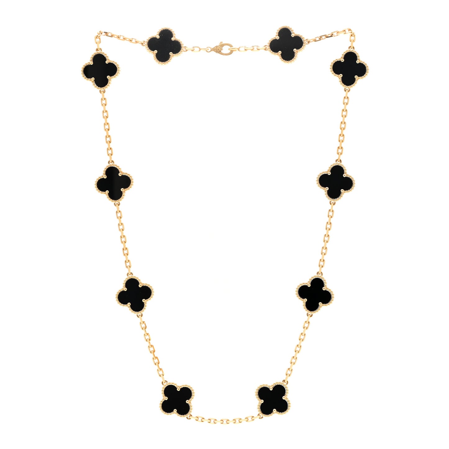 18K Yellow Gold Black Onyx 10 Motifs Vintage Alhambra Necklace