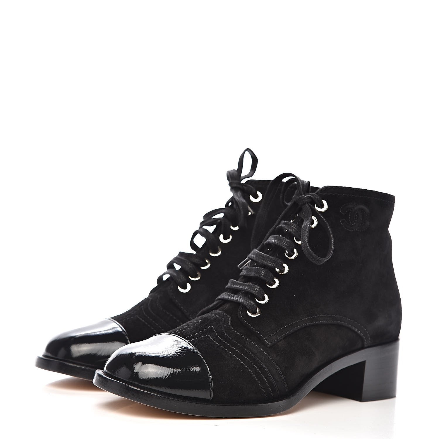 Chanel Suede Patent Cap Toe CC Boots 38.5 Black 3 of 11