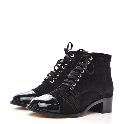 Chanel Suede Patent Cap Toe CC Boots 38.5 Black 3 of 11