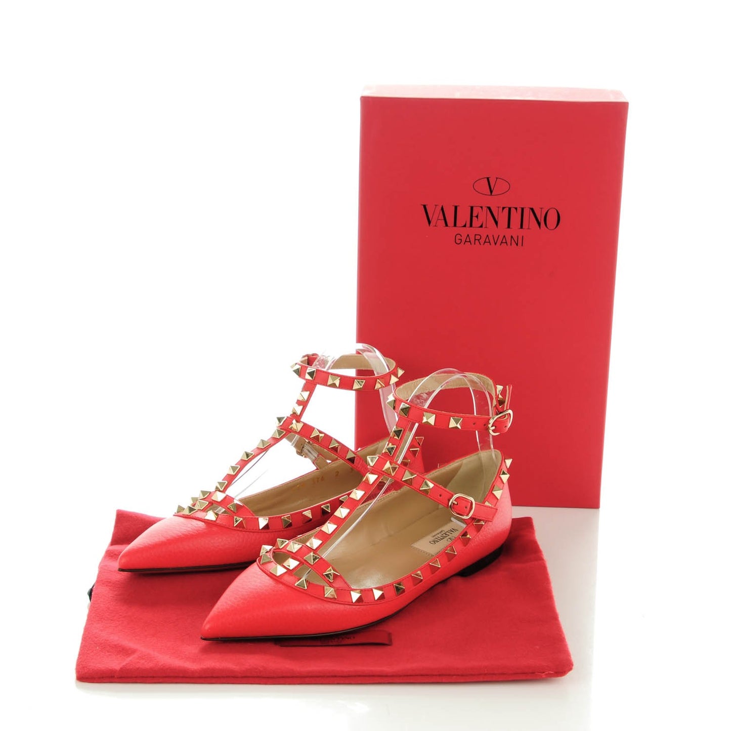 Pebbled Calfskin Rockstud Cage Ballerina Flats 36 Red