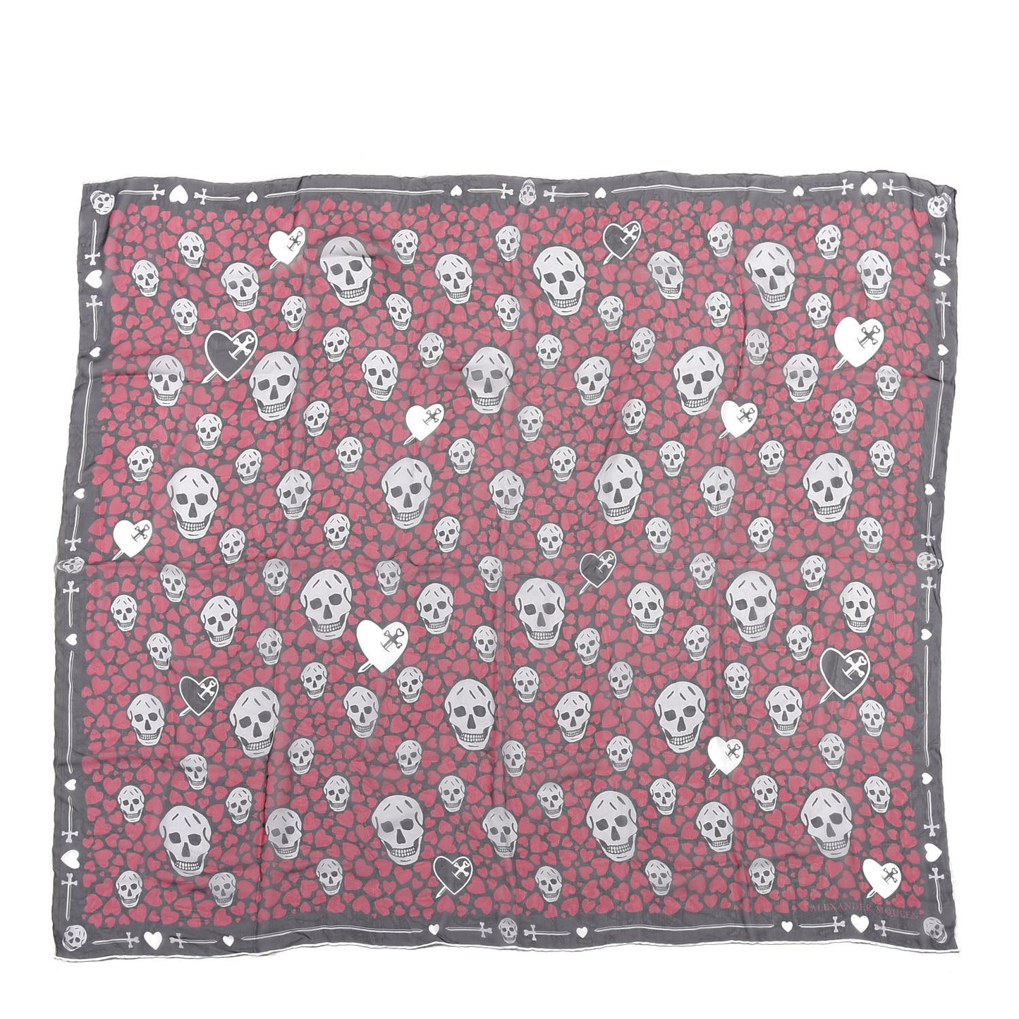 Silk Heart Skull Print Scarf Red