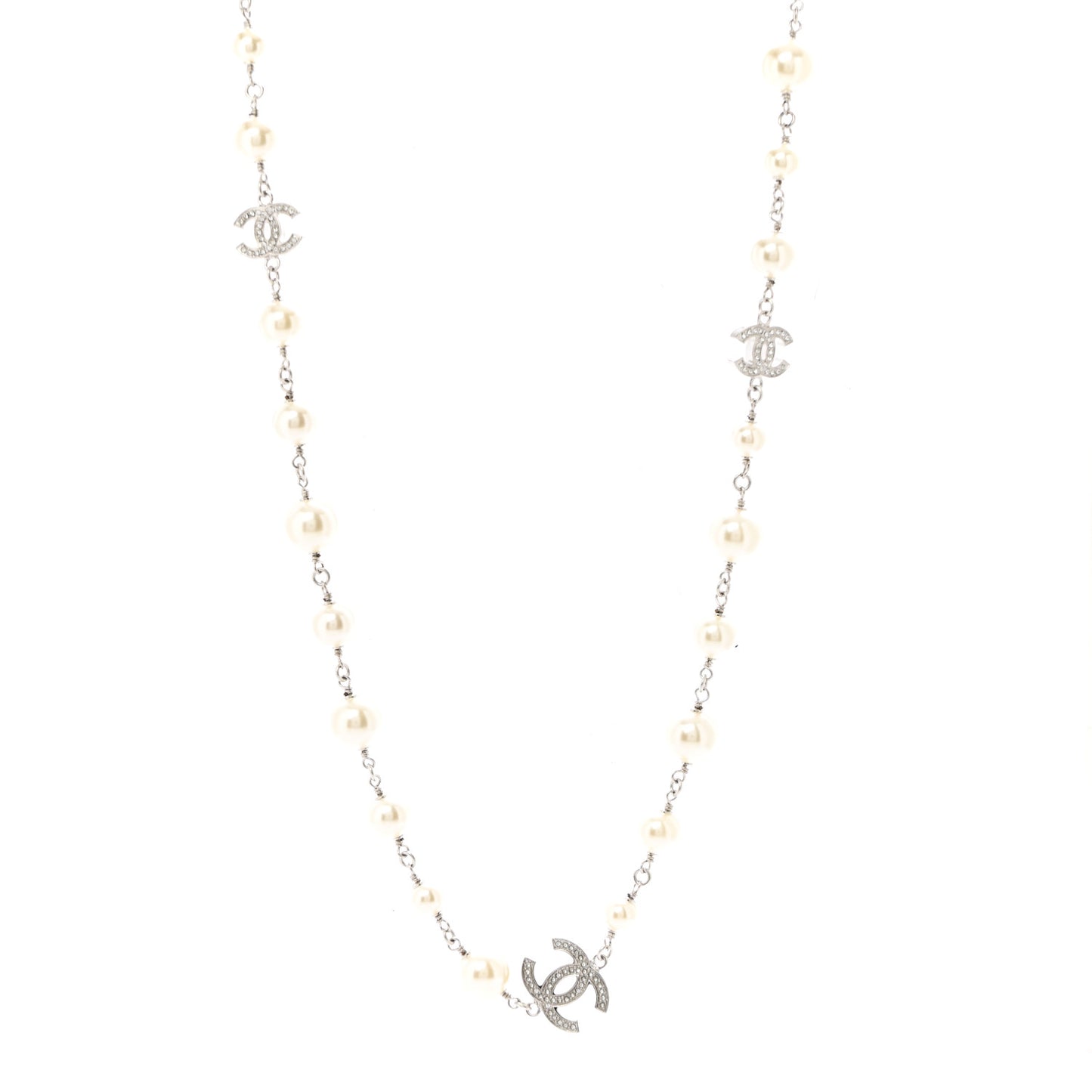 Crystal Pearl CC Long Necklace Silver