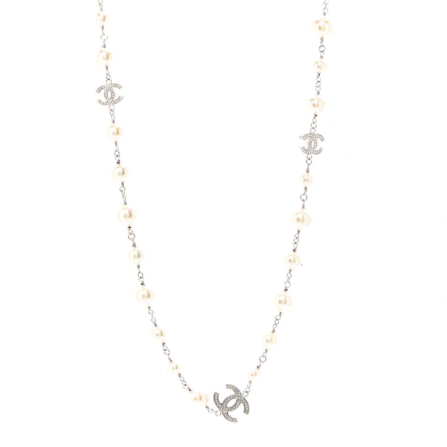 Chanel Crystal Pearl CC Long Necklace Silver 1 of 7
