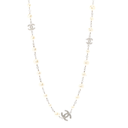 Chanel Crystal Pearl CC Long Necklace Silver 1 of 7