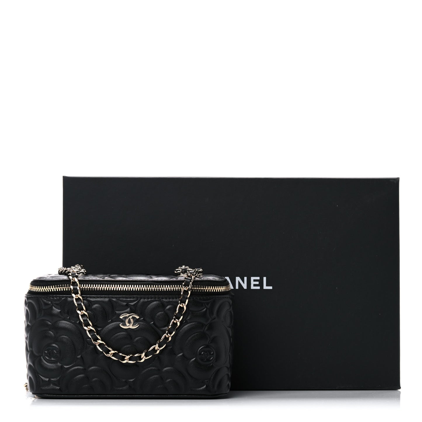 Lambskin Camellia Embossed Small Vanity Case With Chain Black