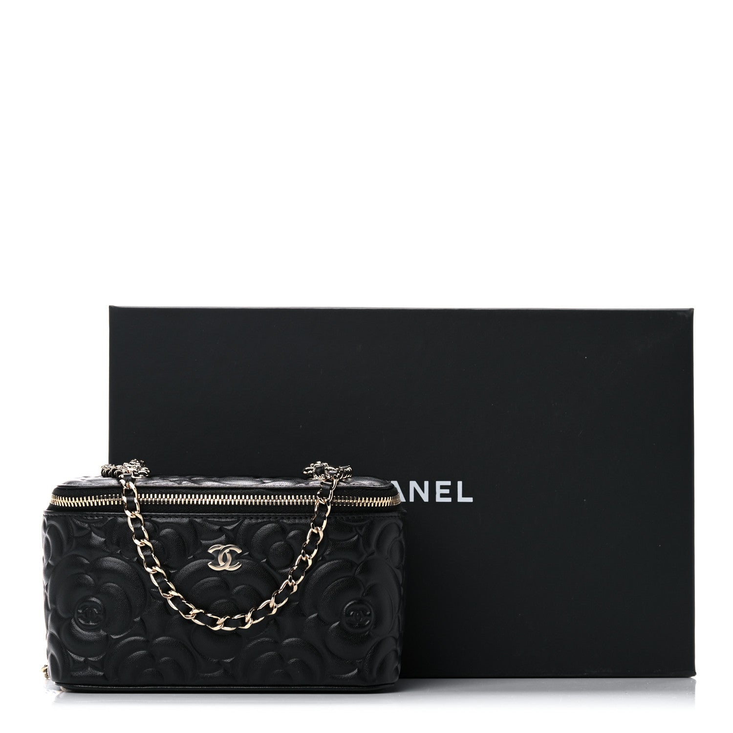 Chanel Lambskin Camellia Embossed Small Vanity Case With Chain Black 11 of 11