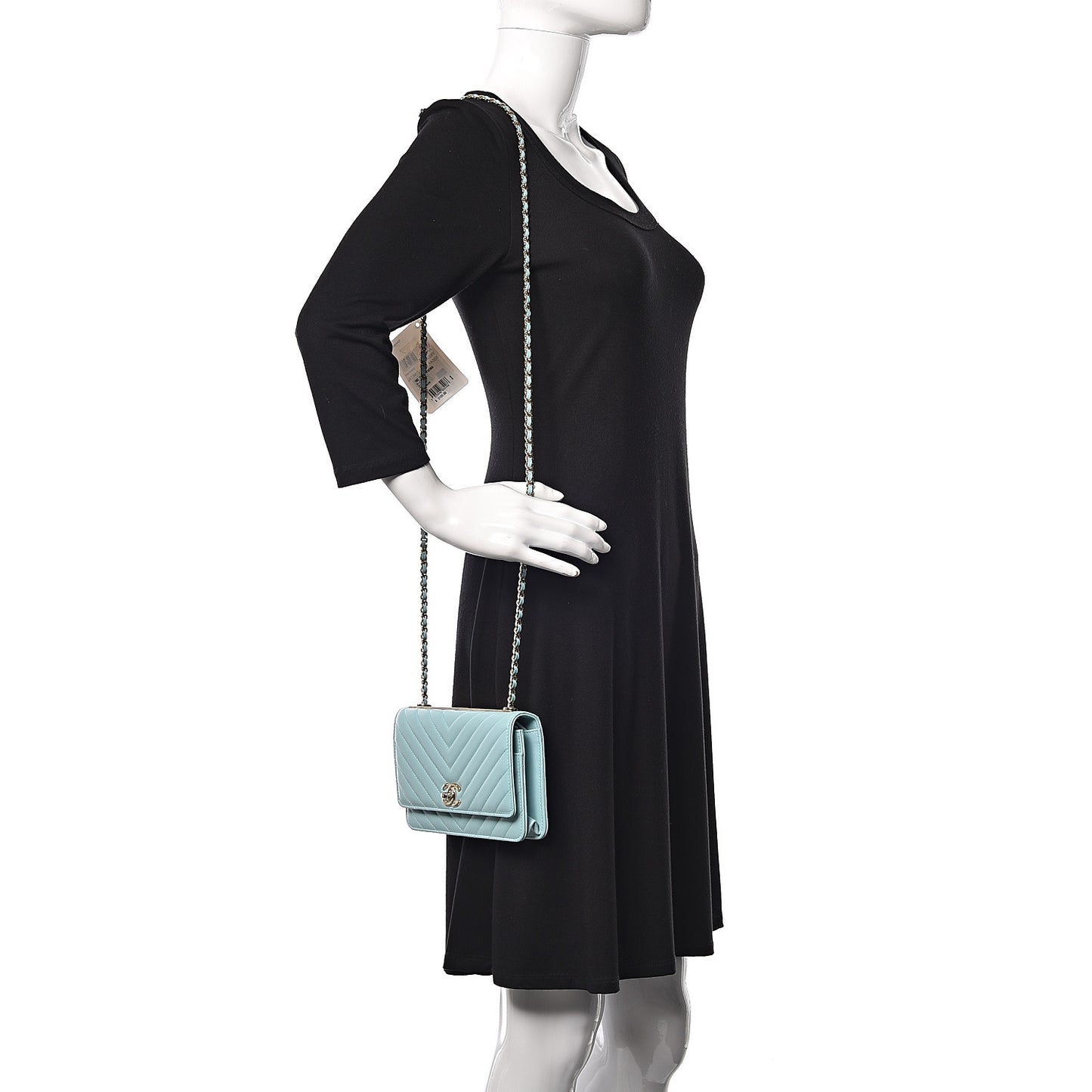 Lambskin Chevron Quilted Trendy CC Wallet On Chain WOC Light Blue
