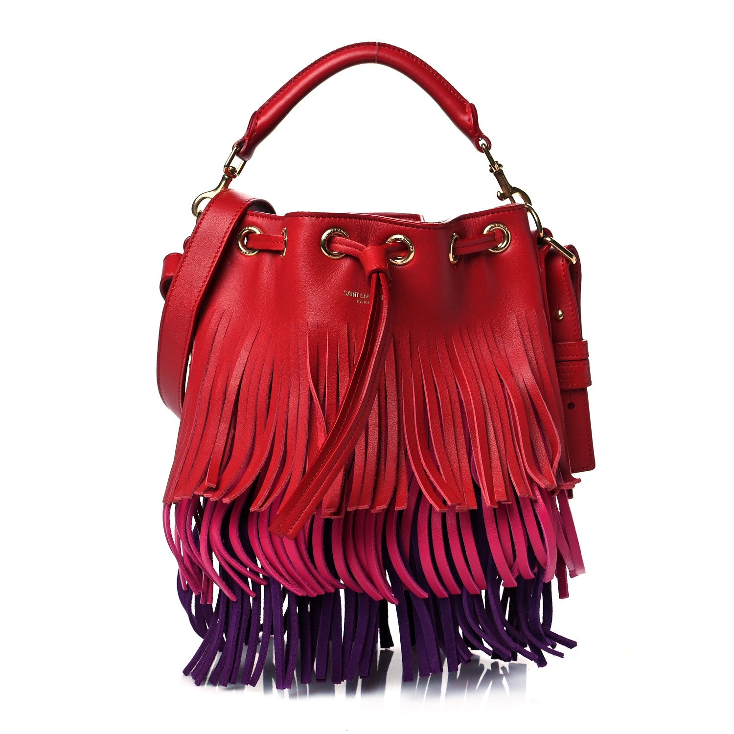 Saint Laurent Calfskin Tri-Color Small Emmanuelle Fringe Bucket Bag Red Bubblegum Purple 1 of 11
