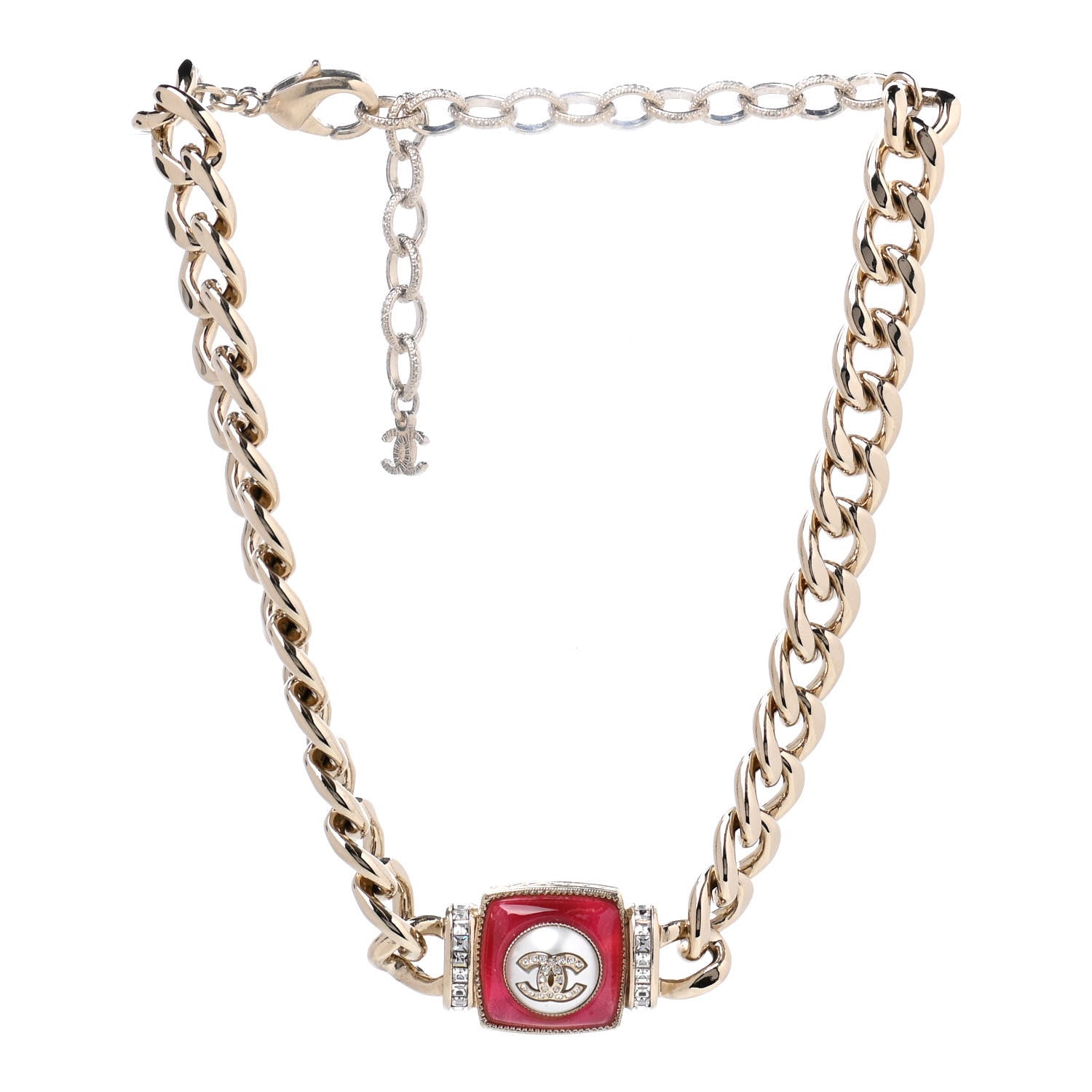 Chanel Metal Glass Pearl Strass CC Pendant Necklace Pink Gold 3 of 7