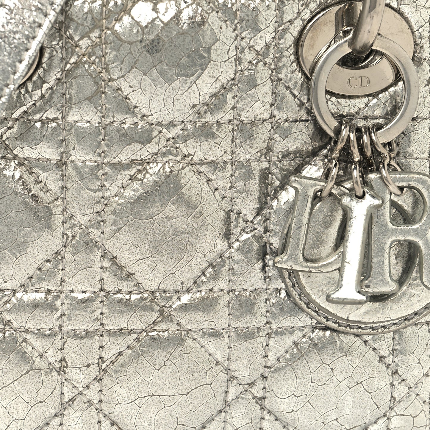 Metallic Crinkled Calfskin Cannage Micro Lady Dior Silver