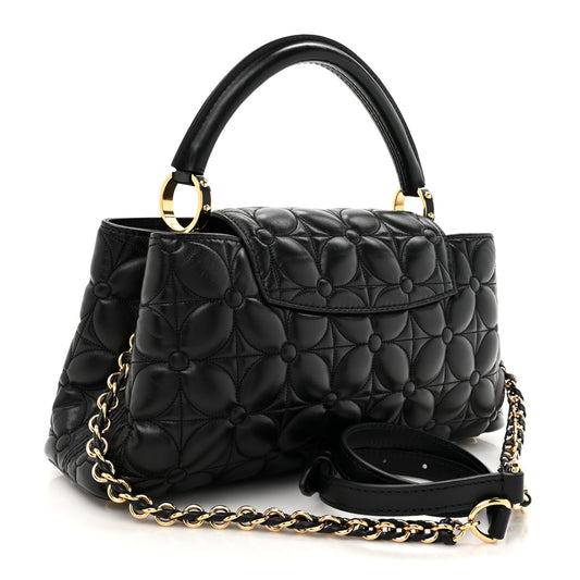 Lambskin Quilted Flower Capucines East West MM Black
