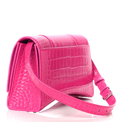 Balenciaga Shiny Calfskin Crocodile Embossed Small Hourglass Sling Shoulder Bag Fuchsia 3 of 9