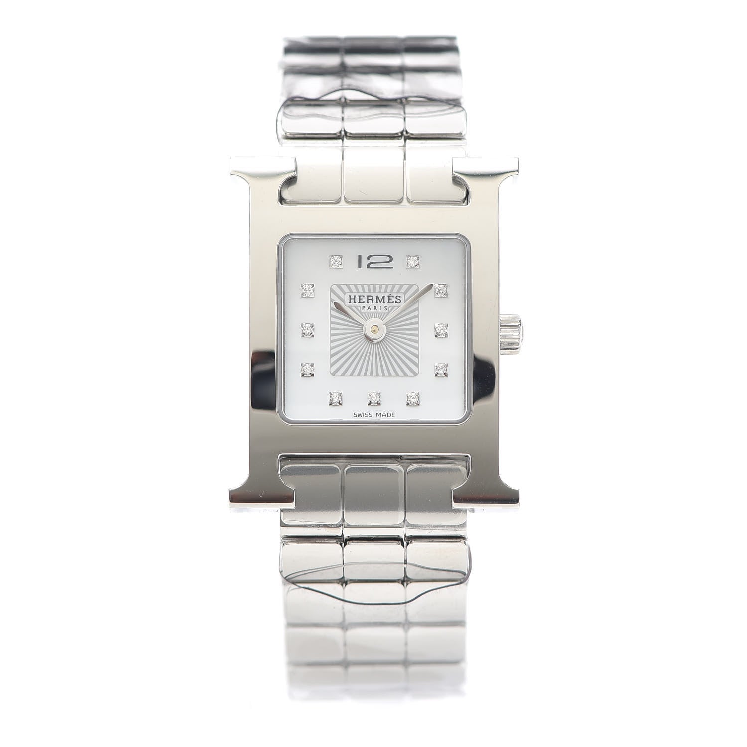 Hermes Stainless Steel Diamond Mother of Pearl 21mm Heure H Hour Quartz Watch 1 of 6