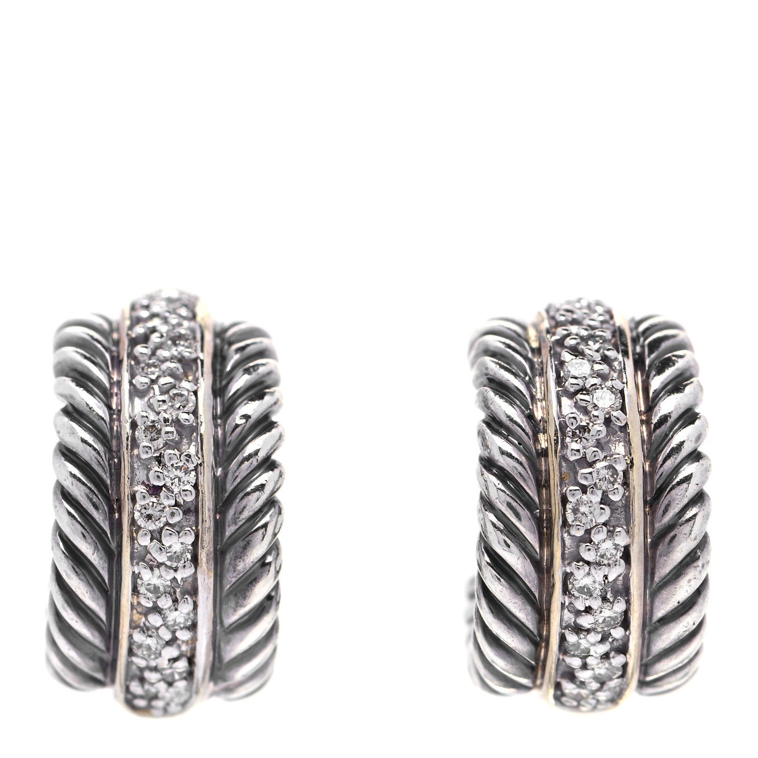 David Yurman Sterling Silver 18K Yellow Gold Diamond Huggie Hoop Earrings 1 of 4